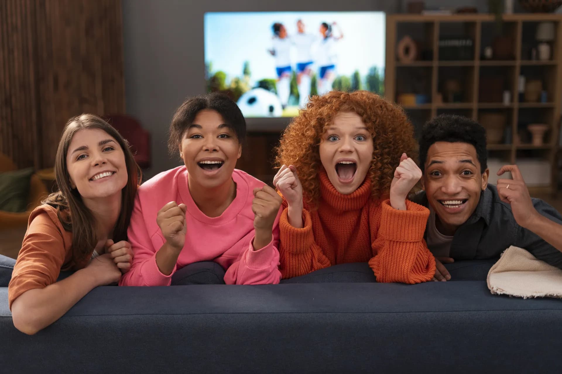 Grupo de amigos celebrando frente a la televisión