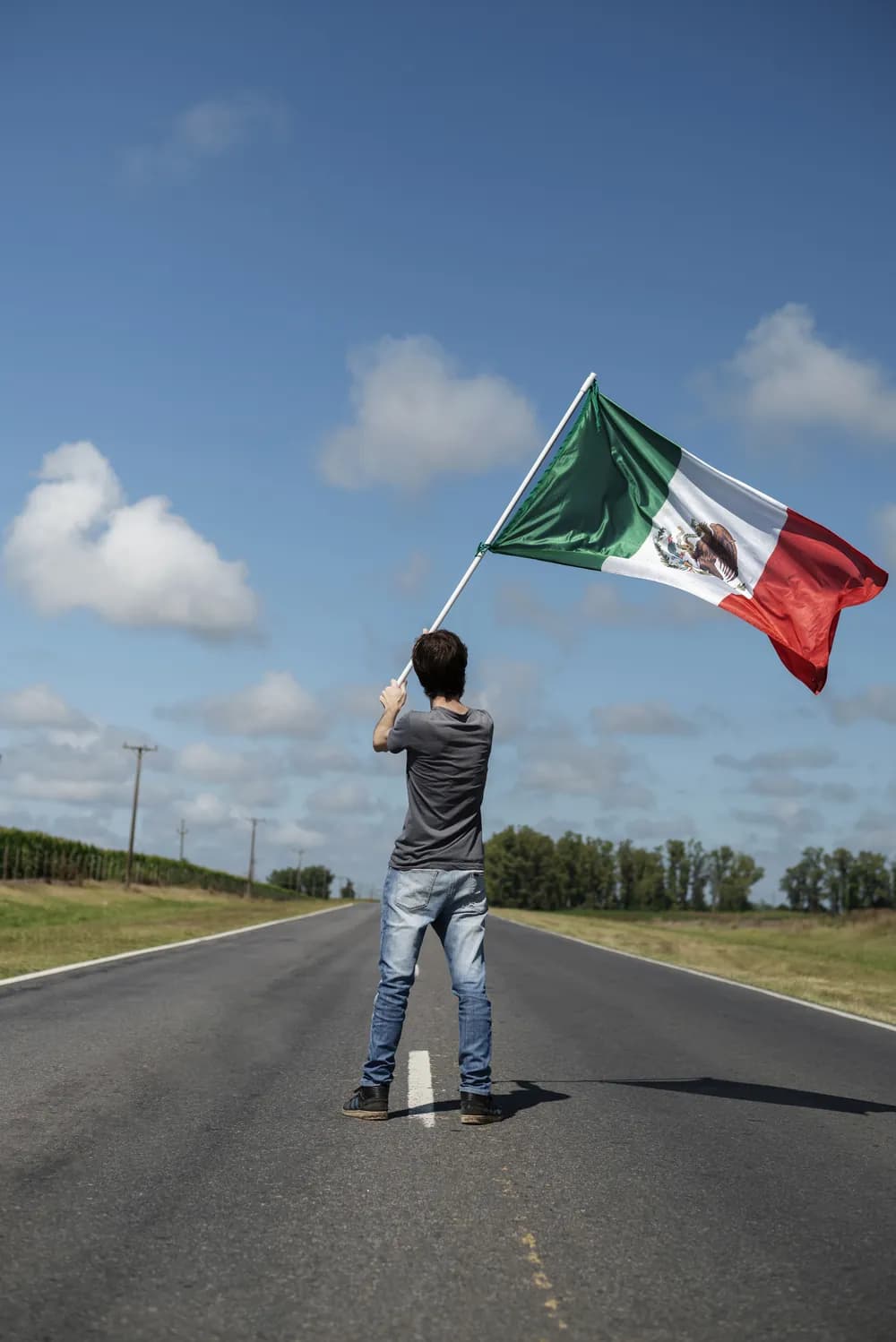 Persona ondeando la bandera de México en una carretera